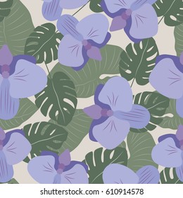 Seamless background with orchids and palm leaves. Tropics. Vector.