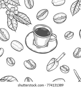 Seamless background Organic coffee shop leaf, bean vector hand drawn template packaging cosmetic, Food and drink organic shop