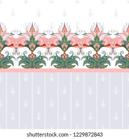 Seamless background with oriental border of indian paisley flowers
