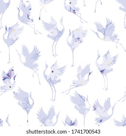 Seamless background, with Oriental motifs, cranes are flying . Vector illustration.