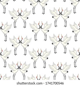 Seamless background, with Oriental motifs, cranes are flying . Vector illustration.
