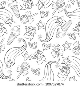 Seamless background with ornament, asterisks, ice cream, candy, cakes, comets, crystals, precious stones, inscription yes, hello, girl. Lettering. Coloring. Fentezi