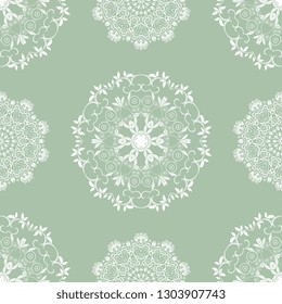 Seamless background with ornament. Floral ornament on green background. Template for your design. Wallpaper pattern. Vector illustration