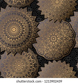 Seamless background with ornament mandala in gold color. Round arabesque design pattern
