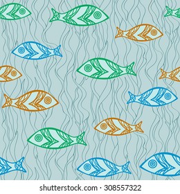 seamless background of ornamental fish on the background of the waves