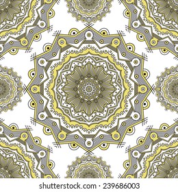 Seamless background. Ornamental round lace pattern, circle background with many details (vector illustration).