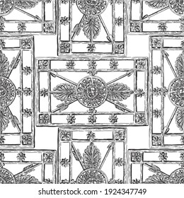 
Seamless background of ornate architectural grate with lion head in vintage style