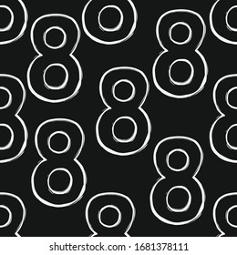 Seamless background with ouline 8 sign. Black number eight on black board backdrop. Repeatable tile design for kids stuff.