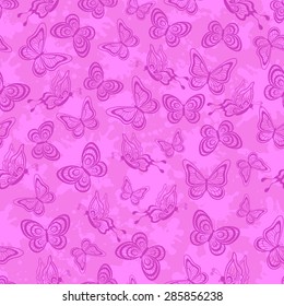 Seamless Background, Outline Contour Butterflies and Abstract Pink Pattern with Blots. Vector
