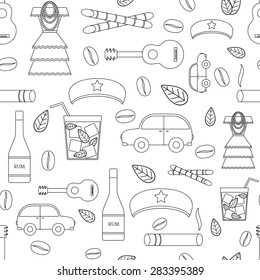 Seamless background with outline objects on Cuba theme with rum, coctail Cuba Libre, old car, sugar cane, coffee, guitar, cigar, national woman's dress and famous hat of Che for your cuban design