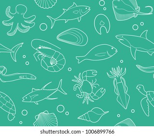 Seamless background with outline pictures of fish and seafood
