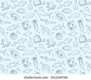 Seamless background with outline pictures of fish and seafood