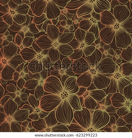 Seamless background with outlined flowers gold on broun