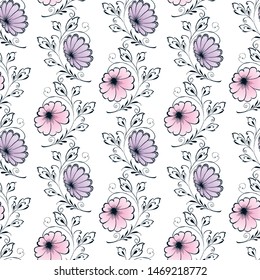 Seamless background of outlines of decorative flowers