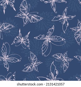 Seamless background of outlines decorative flying butterflies and silhouettes chrysanthemum flowers