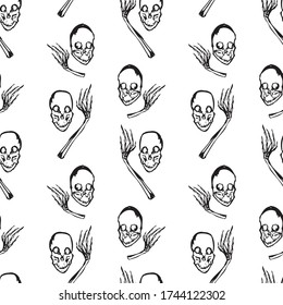 Seamless background of outlines human skulls and hands bones