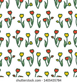 Seamless background of outlines red and yellow tulips