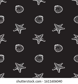 Seamless background of outlines seashells and starfishes