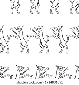 Seamless background of outlines walking cartoon funny cats