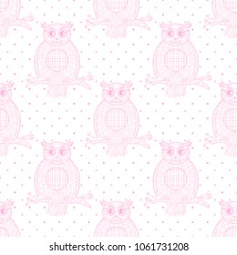 Seamless background with owl. Design Zentangle. Zen art. Dotted pattern. 