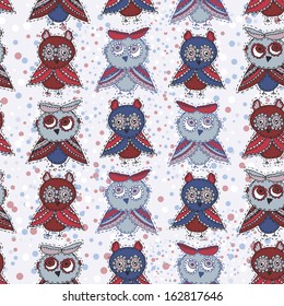 Seamless background with owls blue red gray brown. vector