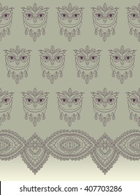 Seamless background with owls. Doodles. Owls seamless pattern with lace border. 