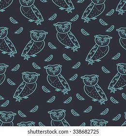Seamless background with owls and feathers