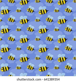 Seamless background from painted cute bees and clouds. Pattern.