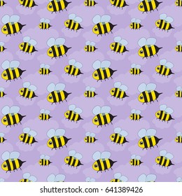 Seamless background from painted cute bees and clouds. Pattern.