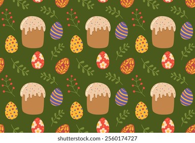 Seamless background with painted eggs, easter cakes and plants. Hand drawn green backdrop holiday pattern 