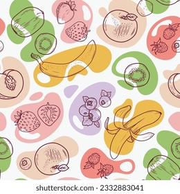 Seamless background of painted fruits on colored spots. Summer bright pattern with fruits.