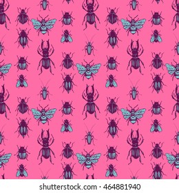 
Seamless background with painted manually realistic beetles. Texture can be use for decoration of office supplies, books, paper for scrapbooking, paper for packaging, textile, web design