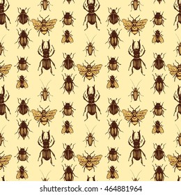 
Seamless background with painted manually realistic beetles. Texture can be use for decoration of office supplies, books, paper for scrapbooking, paper for packaging, textile, web design