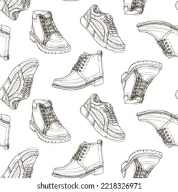 Seamless background with painted men's shoes. Graphic illustration with a dark line on a white background. Suitable for gift wrapping, advertising, banners, discount products for stores.