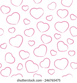 Seamless background with painted pink Valentines hearts, illustration.