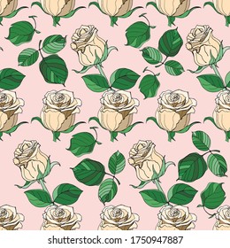 nahtloser Hintergrund von gemalten Rosenzweigen und Blumen, Vektorgrafiken einzeln, Doodle, handgezeichnet