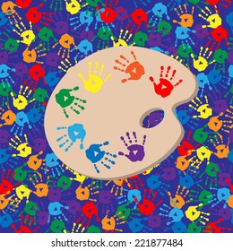 Seamless background with a palette and handprints