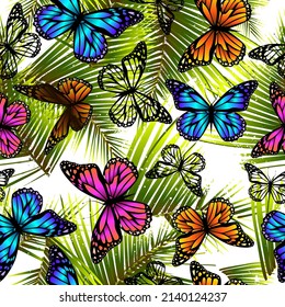 Seamless background palm leaves with butterflies . Vector illustration