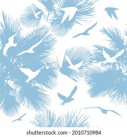Seamless background palm leaves with flying seagulls . vector illustration
