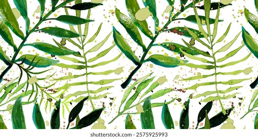 Seamless background palm leaves. Hand drawing. Not AI, Vector illustration.