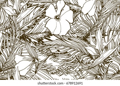 Seamless Background With Palm  Leaves And Tropical Flowers. Jungle Pattern  For Textile Or Book Covers, Manufacturing, Wallpapers, Print, Gift Wrap And Scrapbooking. Hand Drawn Monochrome Wallpaper.