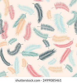 Seamless background with palm leaves, various palm leaves of delicate colors are randomly arranged on a light background