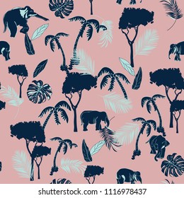 seamless background with palm tree and elephant