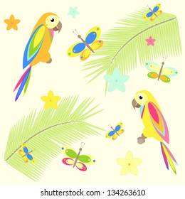 seamless background with palm tree and parrots