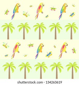 seamless background with palm tree and parrots