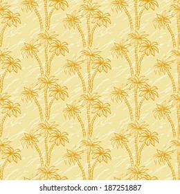 Seamless background, palm trees brown contours and abstract pattern. Vector