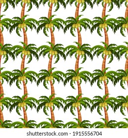 El fondo es transparente, con palmeras y cocos. Tarjeta de saludo decorativa, patrón de ropa, platos. Ventas de verano.