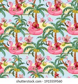 Seamless background with palm trees and coconuts, pink flamingos and alstroemeria flowers, Decorative greeting card, pattern on clothes, dishes. Summer sales.