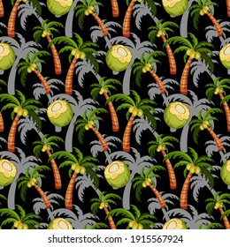 Seamless background with palm trees and coconuts. Decorative greeting card, pattern on clothes.