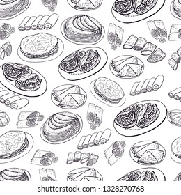 Seamless background with pancakes, pancakes with caviar. For design, cafe menu and restaurant.